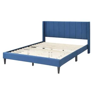 Samson King Bed Winged Headboard Fabric Upholstered - Blue - Picture 1 of 6