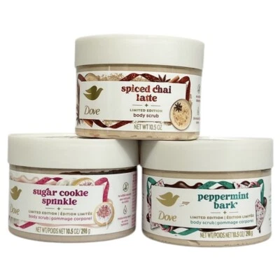 3 Dove 10.5 oz. Body Scrubs Spiced Chai Sugar Cookie Sprinkle Peppermint Bark - Image 1 of 4