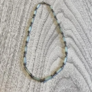 Vintage Sterling Silver Necklace Gemstone Chain 16.5" Light Green Jade SIGNED - Picture 1 of 4