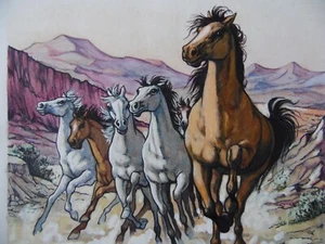 Wild Horses Galloping in a Mountain Landscape. Modern Gouache painting - Picture 1 of 5