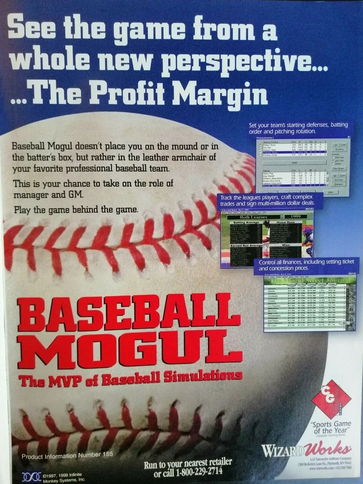 Baseball Mogul video game - Print AD published in a 1998 Magazine. - Image 1 of 1
