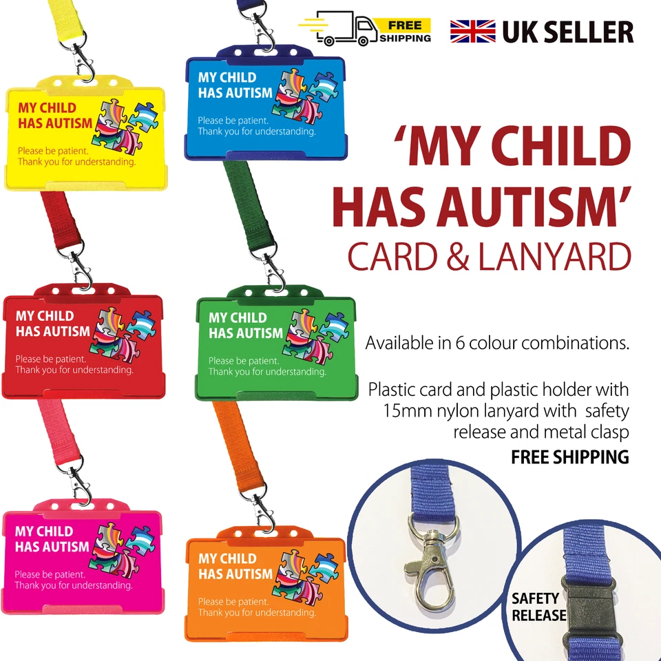My Child Has Autism - Awareness Card and Lanyard - 6 colour combinations