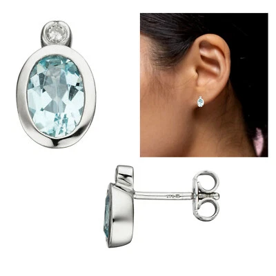 Ohrringe Ohrstecker  Diamanten 585 Weißgold 14 Karat Brillanten Aquamarine blau - Bild 1 von 2