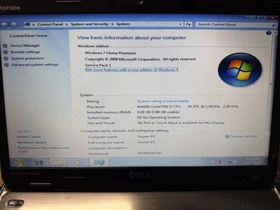 Unidad de disco duro Dell Inspiron N5010 Intel i3-M370 @ 2,40 GHz 4 GB 500 GB Windows 7 sin batería Foto 1 de 4