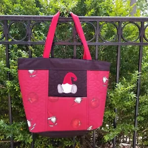 Gnome Tote Bag Womens 14" x 16" Red Canvas Large Pockets School Shopping Gift - Picture 1 of 5