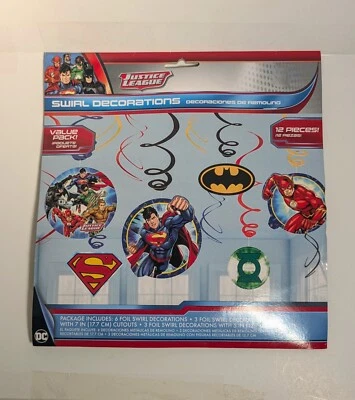 *NUEVO* DECORACIONES REMOLINO COLGANTE LIGA DE LA JUSTICIA (12) Suministros Fiesta de Cumpleaños Lámina Foto 1 de 2