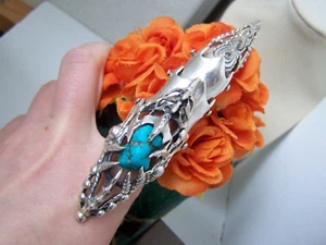 HUGE SOLID STERLING SILVER FULL FINGER TURQUOISE ARMOUR RING SIZE T GOTH BIKER - Picture 1 of 13