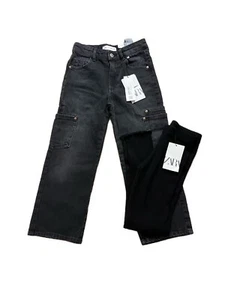 Zara Girls High Waist Wide Leg Black Denim Cargo Jeans Size 8 & Leggings - Picture 1 of 6