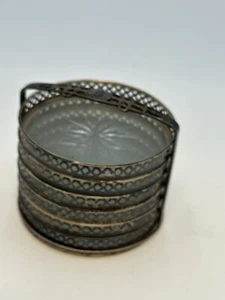Vintage SET 6 STERLING SILVER ETCHED Star GLASS COASTER + CADDIE HOLDER - Picture 1 of 15