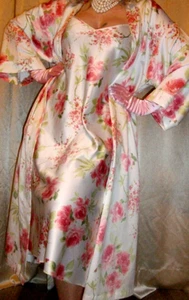 Vtg Peach Floral White Long Satin Nightgown Robe XL - Picture 1 of 4