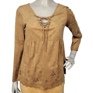 Boho Vintage 90s Y2K Festival Western Faux Suede Eyelet Lace-Up Shirt - Picture 1 of 9