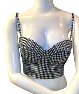 haute monde top L Bustier Black White houndstooth pattern crop strappy retro 90s - Picture 1 of 15