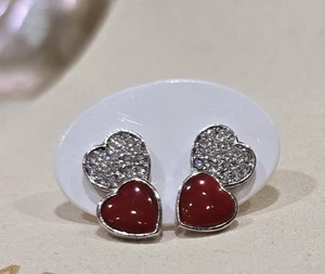 Orecchini Doppio Cuore: Corallo Rosso, Zirconi Bianchi, Montatura Argento 925 - Foto 1 di 7