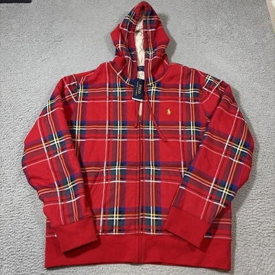 NUEVO CON ETIQUETAS Polo Ralph Lauren Sudadera con Capucha Para Hombres L Rojo Pila A Cuadros Forrada de Vellón Cremallera Completa Chaqueta Foto 1 de 4
