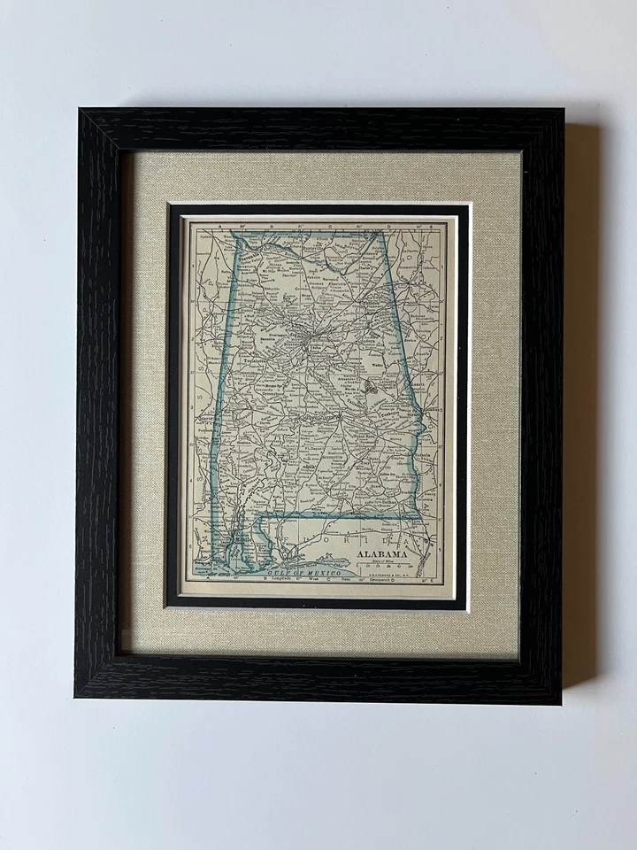 1934 "Blue" ALABAMA State Map by C.S. Hammond, Framed/Double Mat SEE DESCRIP - Image 1 of 3