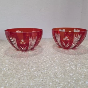 Badash USSR Ruby Red Cut To Clear Glass Vintage Bowl 2 Set 3.5" tall, 6.5" Diam - Picture 1 of 5