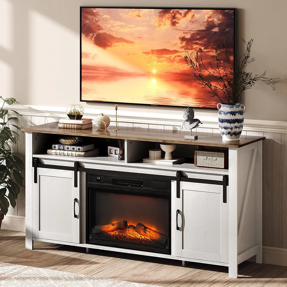 Electric Fireplace TV Stand for 70 Inch TVs, Farmhouse Console Table with Doors - Image 1 of 4