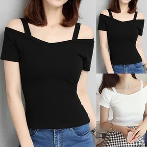 Fashionable Summer Off Shoulder TShirt for Women Short Sleeve Sling Tops - Picture 1 of 16