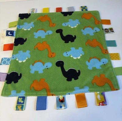 Taggies Lovey Security Blanket Dinosaur Print Green Blue Orange Flat EUC - Image 1 of 4