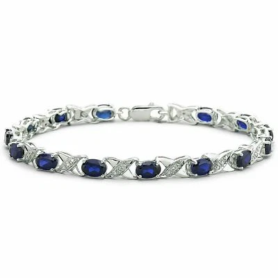 6x4mm Oval Labor Erstellt Blau Saphir 14k Weiß Vergoldet " Xo CM Tennis Armband - Bild 1 von 4