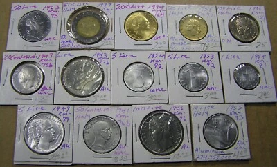 Italy Lot of 14 Different Types-Dates, All high grade AU to UNC & BU, 1941-1996 Foto 1 de 4