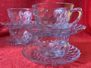 Anchor Hocking BUBBLE Ice Blue Depression Glass 4 Sets of CUPS & SAUCERS Vintage - Picture 1 of 5