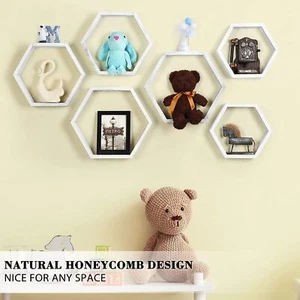 Set of 6 Hexagon Floating Wall Mount Retro Honeycomb Shelves for Wall Decor Grey - Picture 1 of 8