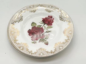 VINTAGE BONE CHINA RED ROSE SET OF 4 6" GOLD GILT SIDE PLATES - Picture 1 of 7