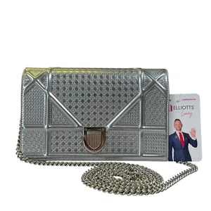 Christian Diorama Micro Silver Mini Clutch Chain Flap 2 Way Metallic Shoulder Pu - Picture 1 of 9