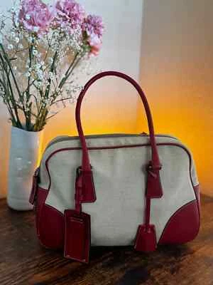 PRADA Pocket Bowling Bag Medium Beige/Red Canvas/Leather - Image 1 of 2