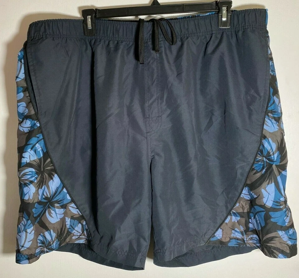 Mens Swim Trunks Black Blue XXL 2XL Drawstring Mesh Pocket Hibiscus Beach Pool - Image 1 of 3
