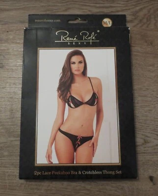 Rene Rofe Set Bügelloser BH + Ouvert-Tanga transparent Spitze M/L schwarz NEU - Bild 1 von 3