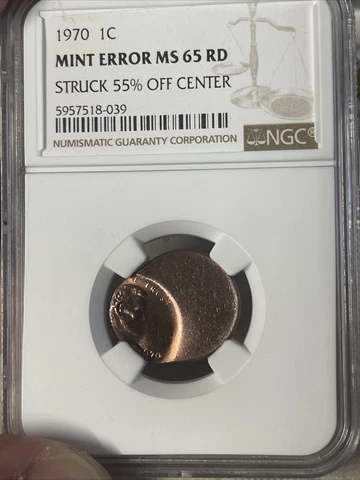 1970 lincoln cent Mint Error Ms 65 Struck 55% Off Center Cover