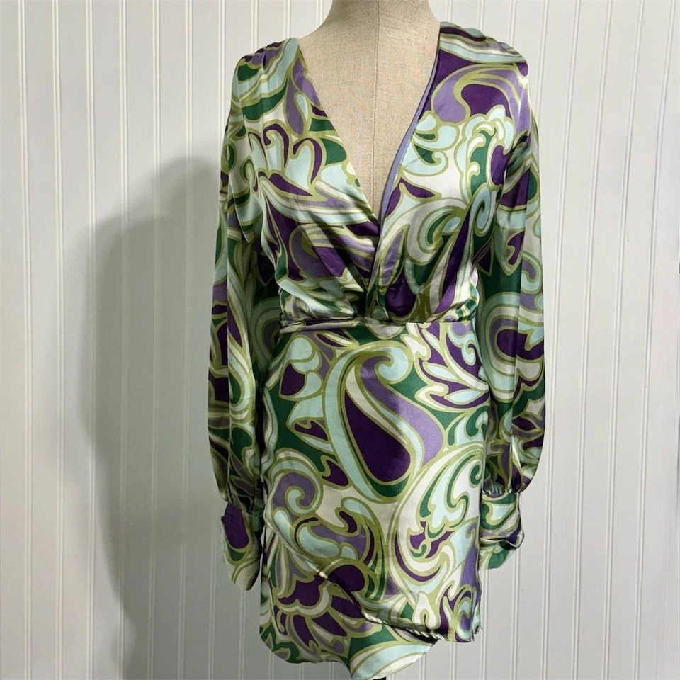 Vestido Forum Mini Vestido Satinado M Púrpura Verde Remolino Psicodélico Años 70 Manga Obispo Foto 1 de 4