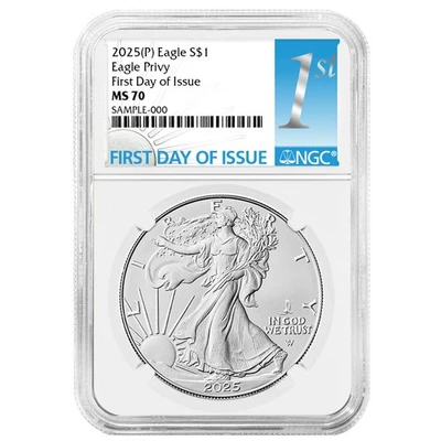 2025 (P) $1 American Silver Eagle First Eagle Privy NGC MS70 FDI First Label - Image 1 of 3