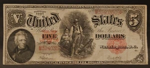 1907 $5 WOODCHOPPER LARGE Horseblanket Size Legal Tender United States Note (VF) - Picture 1 of 2