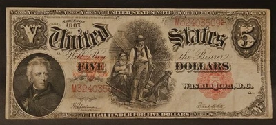 1907 $5 WOODCHOPPER LARGE Horseblanket Size Legal Tender United States Note (VF) - Image 1 of 2