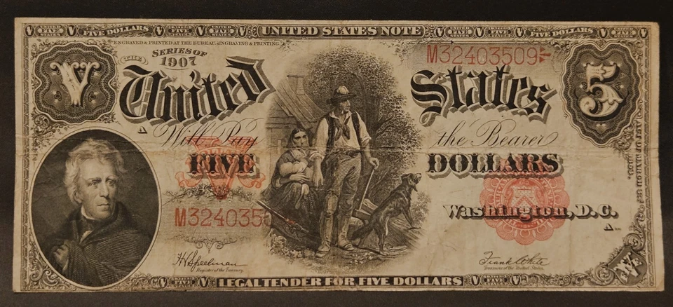 1907 $5 WOODCHOPPER LARGE Horseblanket Size Legal Tender United States Note (VF) - Image 1 of 2