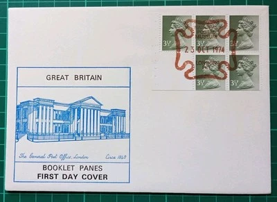 1974 3½p x 5 (35p booklet) pane Historic Relics FDC National Post Museum Pmk - Image 1 of 2