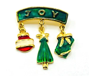 Vintage LIANNA LIA "Joy" Emaille-Weihnachtsbrosche signiert goldfarben Feiertagsnadel - Bild 1 von 10