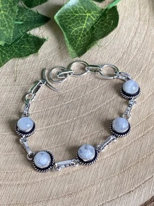 Moonstone Bracelet Sterling Silver 925 Plated White Round Gemstone Retro Boho - Picture 1 of 2