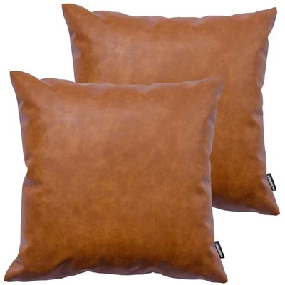 Durable 18x18 Cognac Brown Faux Leather Cushions - Decorative Pillow Covers - Image 1 of 4