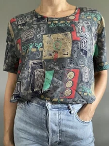 Paul Separates vintage 80s Grey Beige Red Green Satin Top blouse Size 16 - Picture 1 of 5