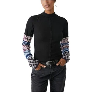 Free People Womens Gorgeous Cuff Mock-Neck Tee Black Combo, Size XS - Picture 1 of 5