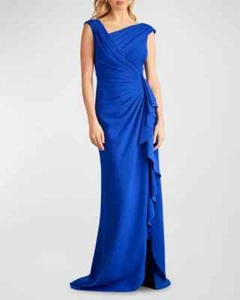 Tadashi Shoji Mystic Blue Sleeveless Asymmetric Crepe Gown Size Small $478 - Picture 1 of 4