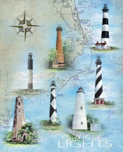 Lighthouse Nautical Beach Fabric 35.5" X44" Panel NC Lights Digital Cotton David - Picture 1 of 1