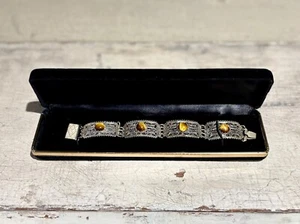 Antique Sterling Silver Filigree and Tiger's Eye Gemstone Bracelet - Picture 1 of 10