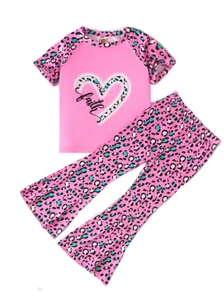 New Boutique Girls Size 6 Pink Leopard Heart Faith Short Sleeve Bell Pants Set - Picture 1 of 3