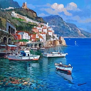 AMALFI PAINTING SEA REFLECTIONS PAINTER SOMMA ITALIAN WALL DECOR AMALFITAN COAST - Picture 1 of 11
