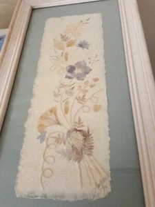 Framed Pressed Real Flowers on Parchment White Wood/Blue Matting 13.25"x6.75" - Picture 1 of 8
